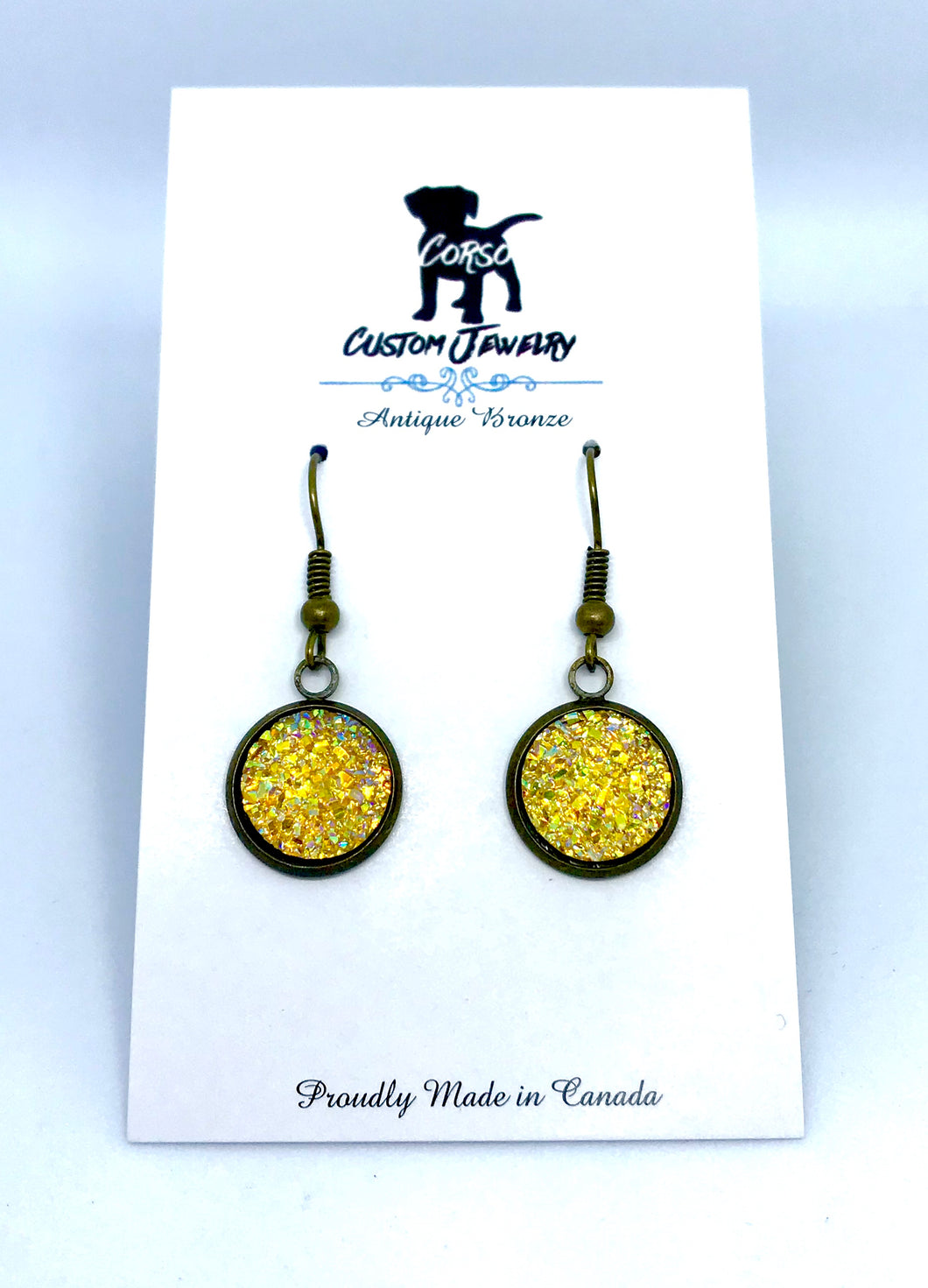 12mm Yellow Druzy Drop Earrings (Antique Bronze)
