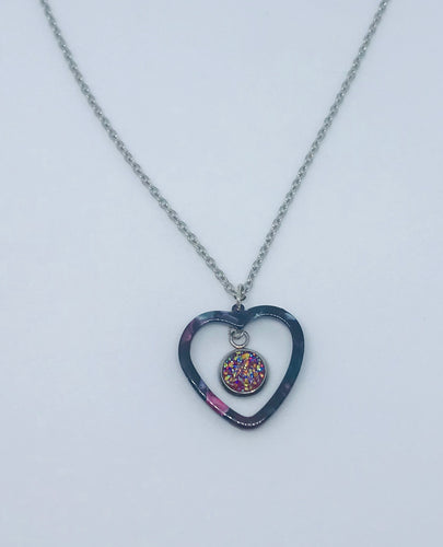 Dark Pink Druzy Heart Necklace #3 (Stainless Steel)