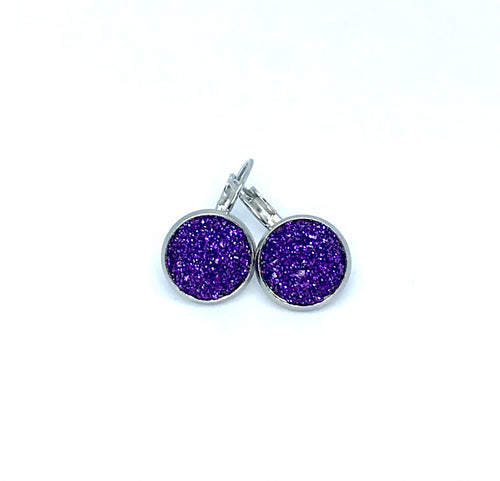 12mm Amethyst Shimmer Druzy Leverback Drop Earrings (Stainless Steel)