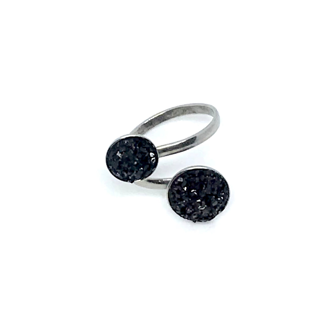 Adjustable Dual Druzy Ring in Black (Stainless Steel)