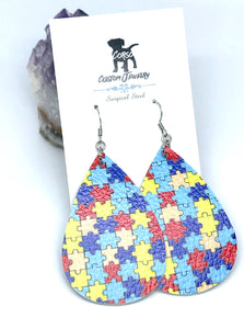 Autism Awareness Puzzle Piece Leather Drop Earrings