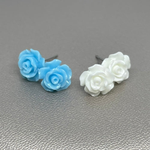 Rose Stud Set in Sky Blue & White (Stainless Steel)