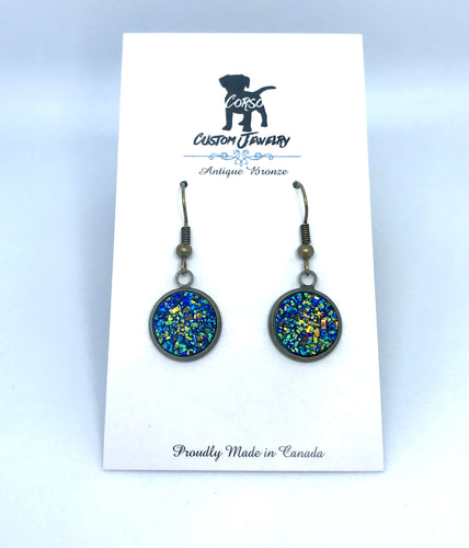 12mm Galaxy Blue Druzy Drop Earrings (Antique Bronze)