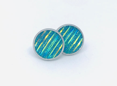 12mm Striped Turquoise Druzy Studs (Stainless Steel)