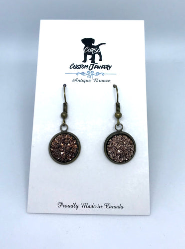 12mm Chocolate Druzy Drop Earrings (Antique Bronze)