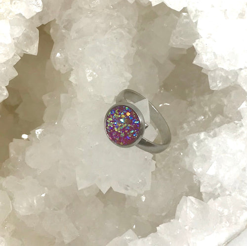 10mm Dark Pink Druzy Ring (Stainless Steel) - Size 7 Only