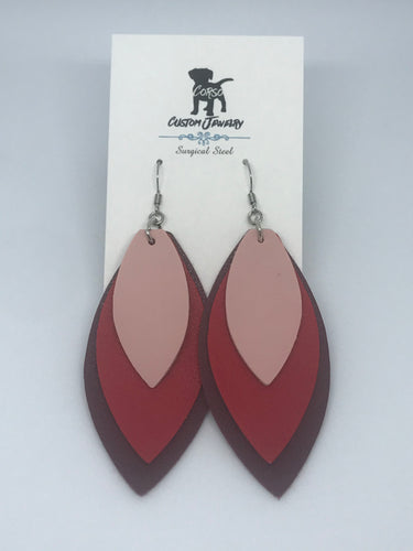 Red Layered Leather Drop Earrings (Surgical Steel)