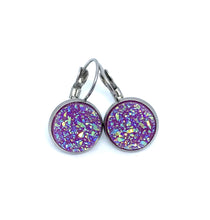 Load image into Gallery viewer, 12mm Bright Purple Druzy Leverback Drop Earrings (Stainless Steel)
