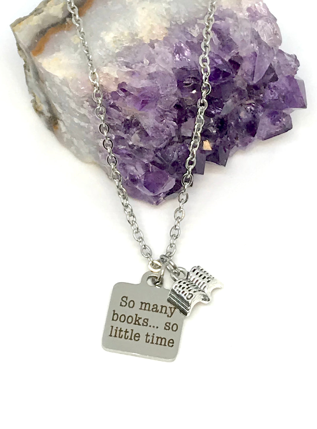 “So many books... so little time” 3-in-1 Charm Necklace (Stainless Steel)
