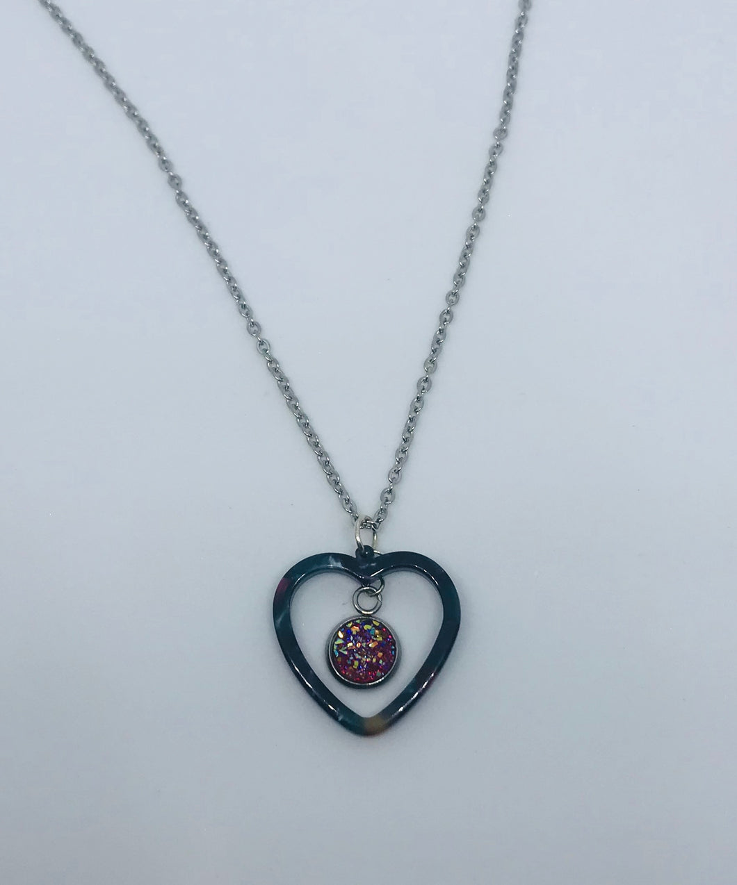 Dark Pink Druzy Heart Necklace #1 (Stainless Steel)