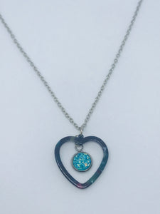 Lake Blue Druzy Heart Necklace #3 (Stainless Steel)