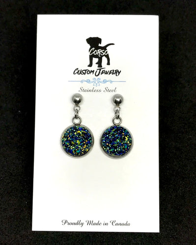12mm Galaxy Blue Druzy Drop Studs (Stainless Steel)