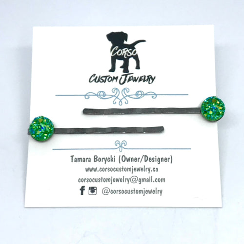 Tropical Green Druzy Hair Pins in Gunmetal