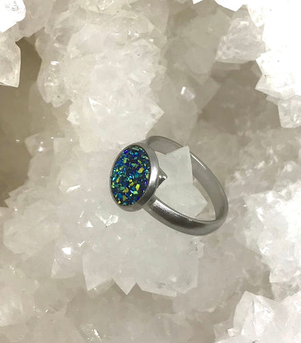 10mm Galaxy Blue Druzy Ring (Stainless Steel) - Size 7 Only