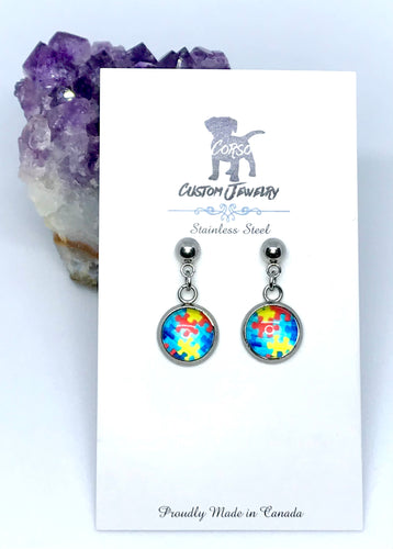 10mm Autism Awareness Puzzle Piece Drop Studs (Stainless Steel)