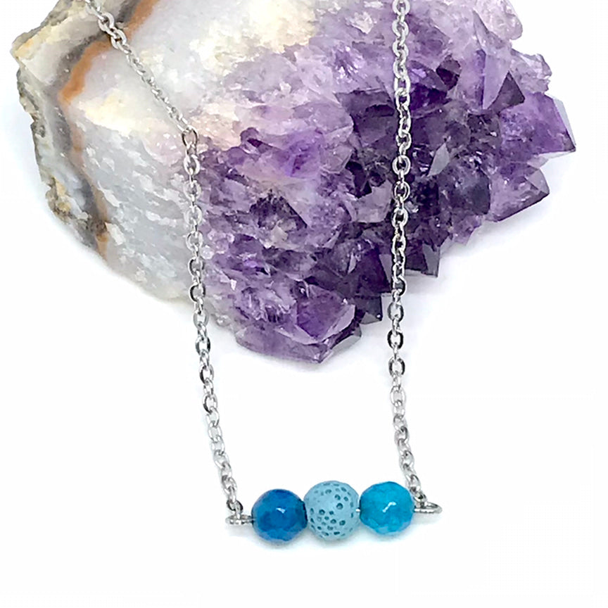 6mm Blue Agate Diffuser Necklace (Stainless Steel)