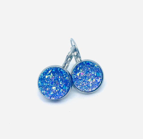 12mm Orchid Druzy Leverback Drop Earrings (Stainless Steel)