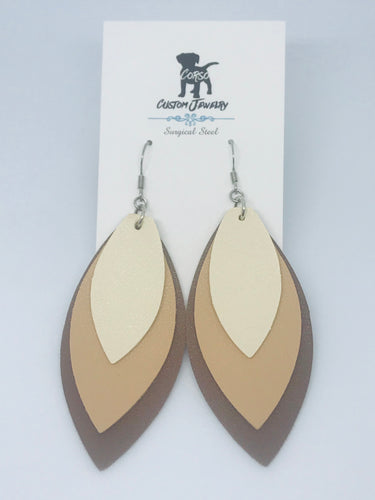 Coffee Layered Leather Drop Earrings (Surgical Steel)