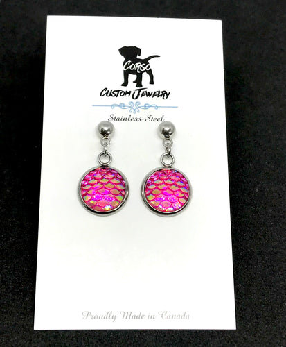 12mm Pink Mermaid Drop Studs (Stainless Steel)