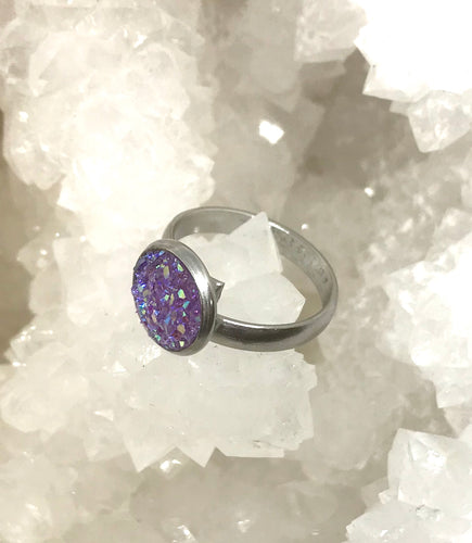 10mm Purple Druzy Ring (Stainless Steel) - Size 7 Only