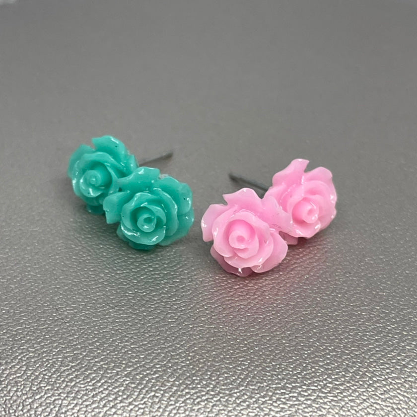 Rose Stud Set in Ballet Pink & Turquoise (Stainless Steel)