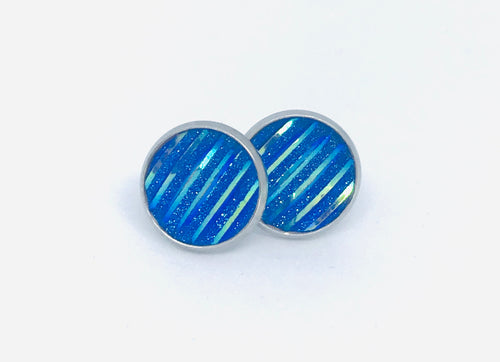 12mm Striped Blue Druzy Studs (Stainless Steel)
