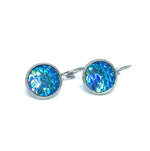 12mm Lake Blue Mermaid Leverback Drop Earrings (Stainless Steel)
