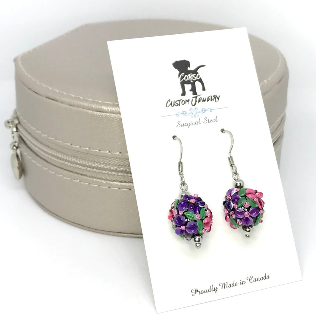 Spring Blossom Drop Earrings in Pink and Purple
