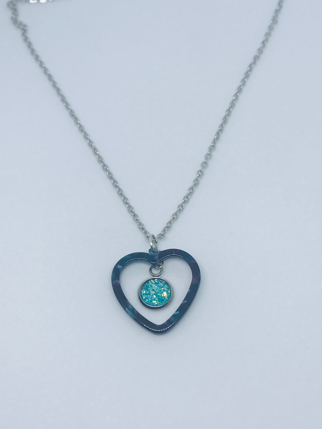 Lake Blue Druzy Heart Necklace #1 (Stainless Steel)