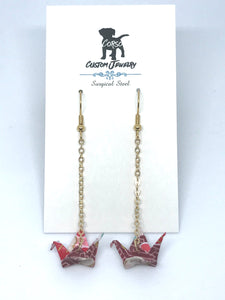 Origami Crane Drop Earrings in Burgundy