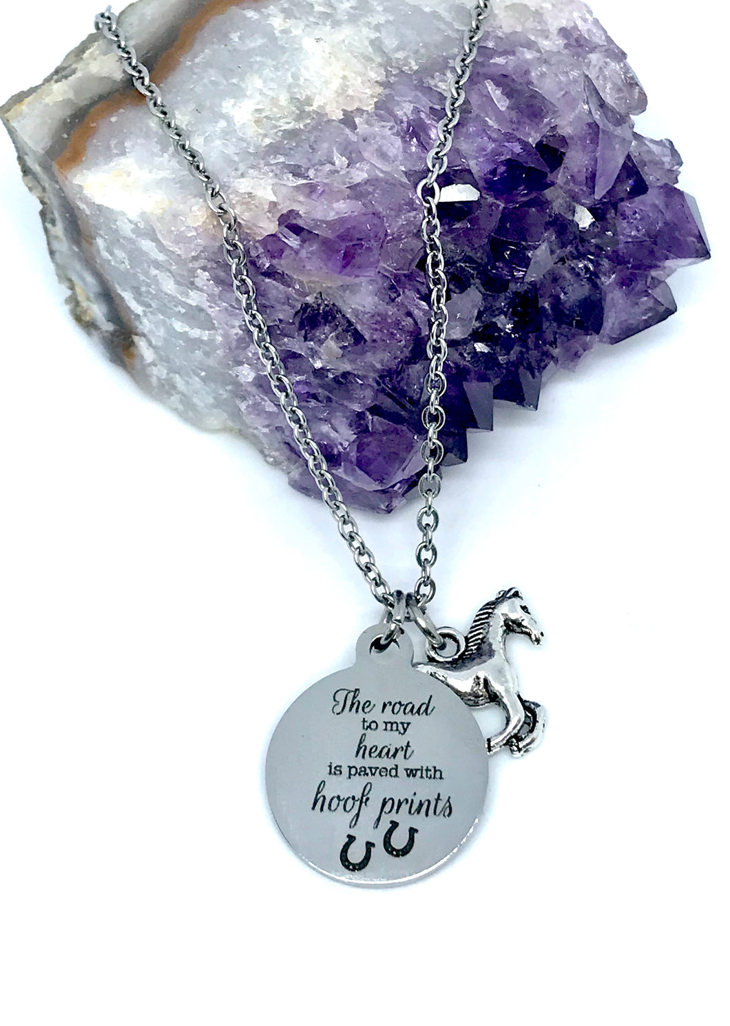“The road to my heart is paved with hoof prints ” 3-in-1 Charm Necklace (Stainless Steel)