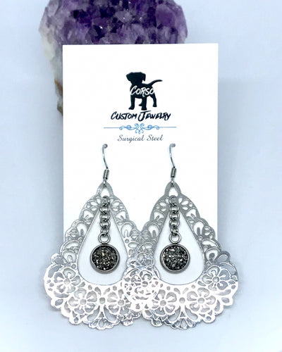 Gunmetal Druzy Floral Teardrop Drop Earrings
