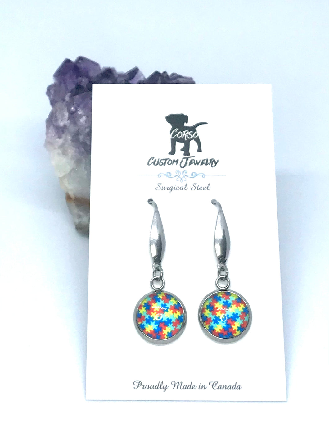 12mm Autism Awareness Tiny Puzzle Piece Drop Earrings (Surgical Steel)