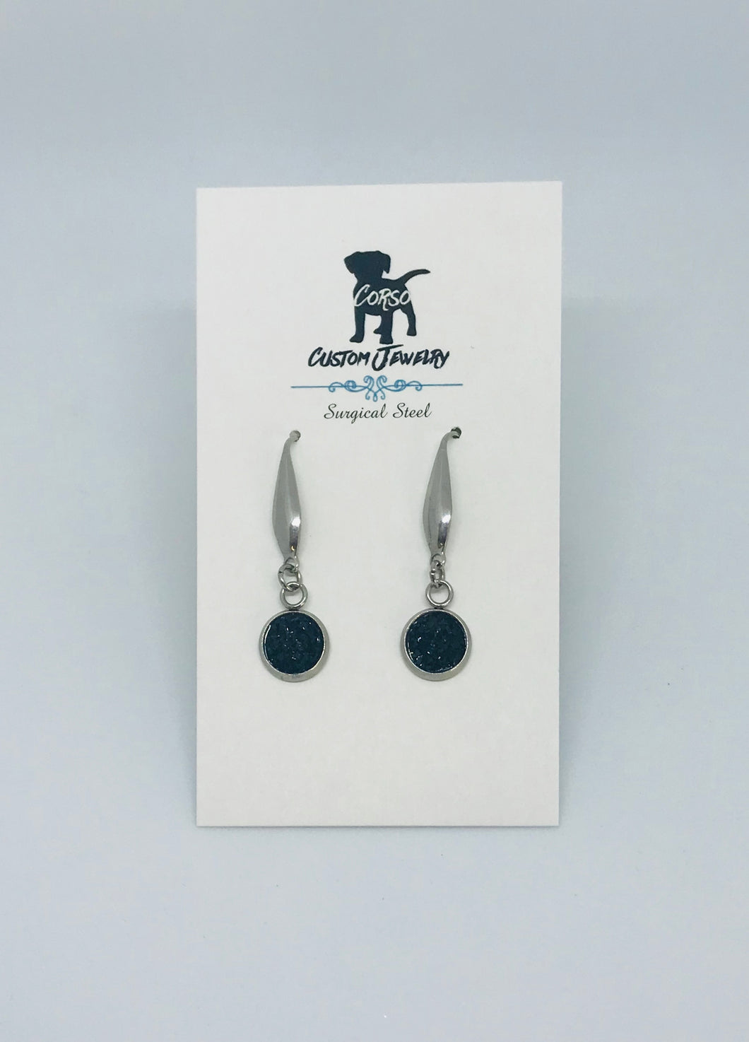 8mm Black Druzy Drop Earrings (Surgical Steel)