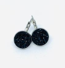 Load image into Gallery viewer, 12mm Charcoal Black Druzy Leverback Drop Earrings (Stainless Steel)