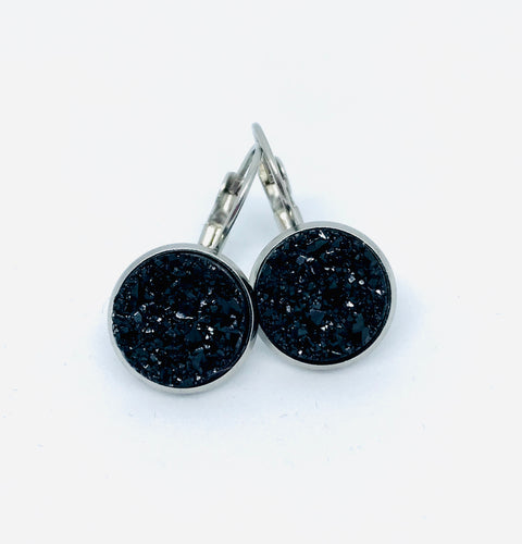12mm Charcoal Black Druzy Leverback Drop Earrings (Stainless Steel)