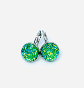12mm Tropical Green Druzy Leverback Drop Earrings (Stainless Steel)
