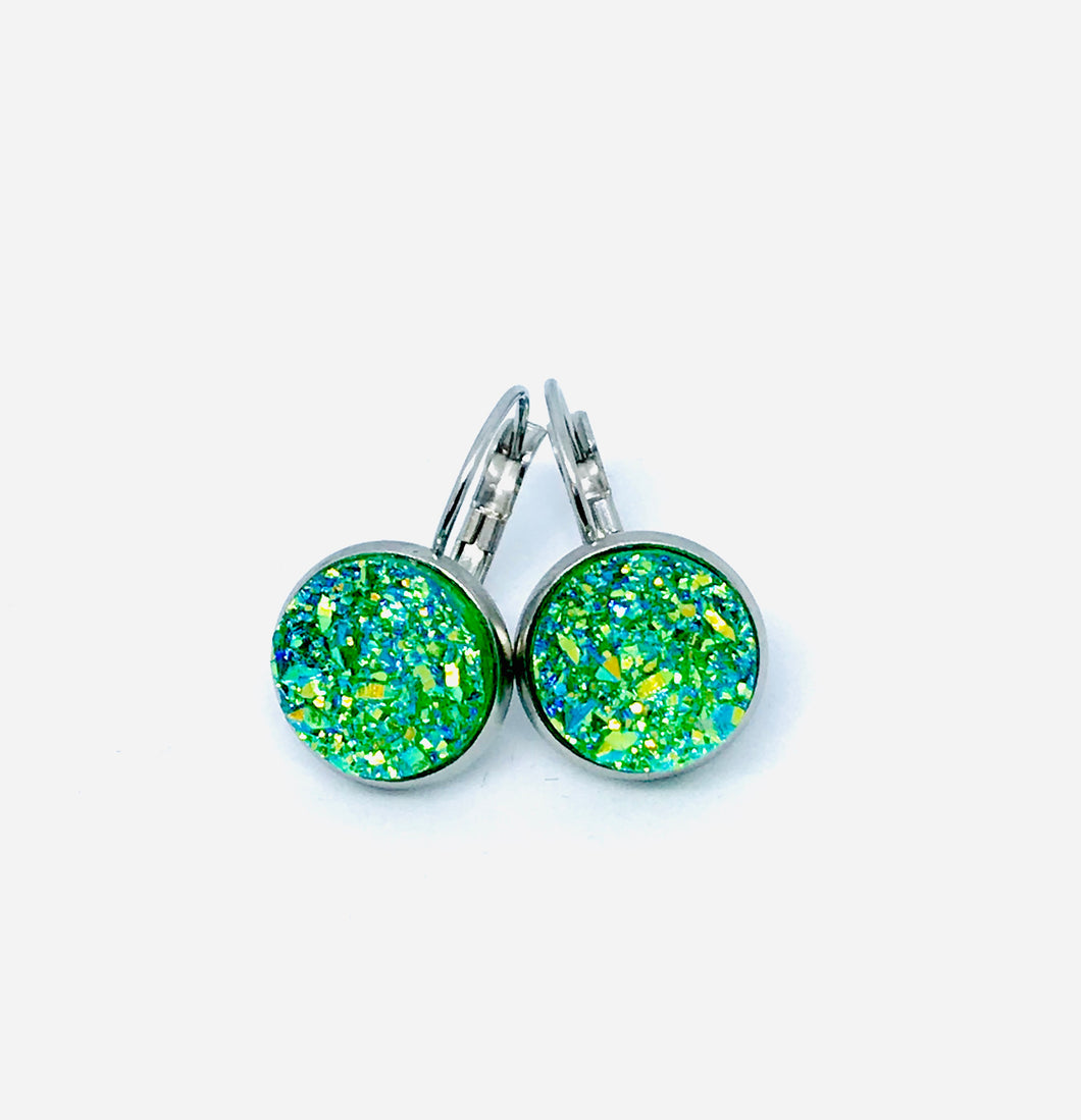 12mm Tropical Green Druzy Leverback Drop Earrings (Stainless Steel)