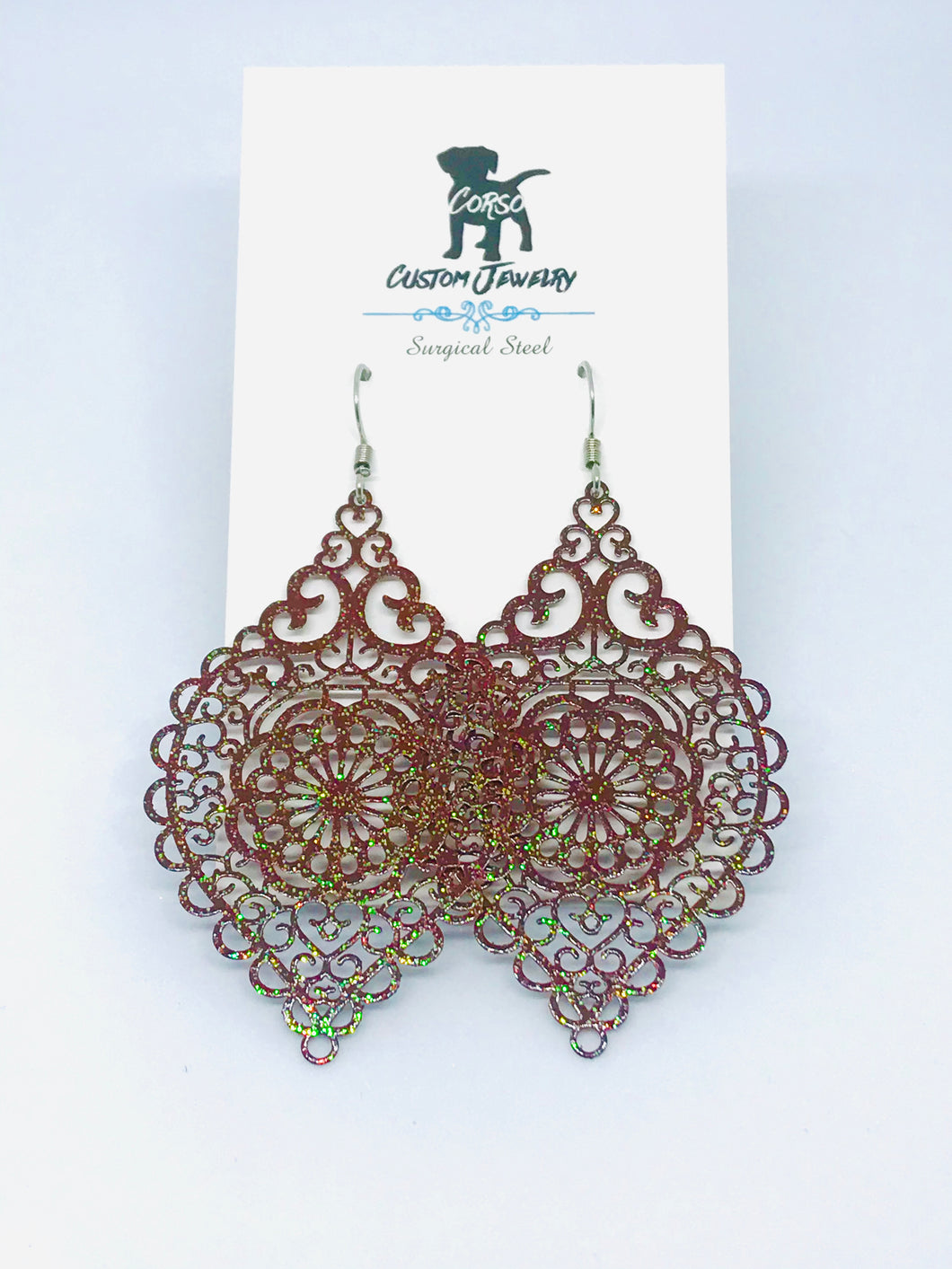 Sparkly Dark Red Spindle Drop Earrings (Surgical Steel)