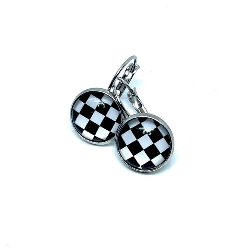 12mm Checkered Leverback Drop Earrings (Stainless Steel)