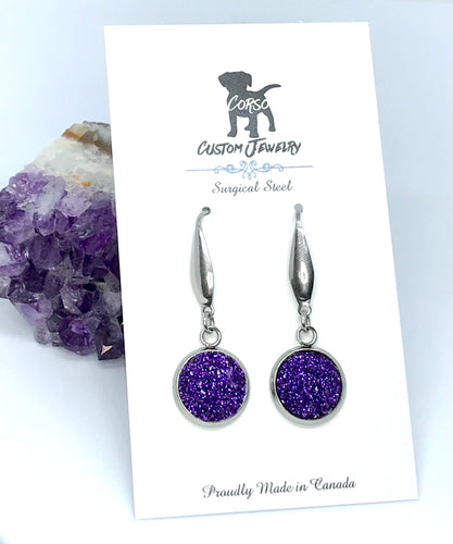 12mm Amethyst Shimmer Druzy Drop Earrings (Surgical Steel)