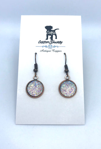 12mm White Druzy Drop Earrings (Antique Copper)
