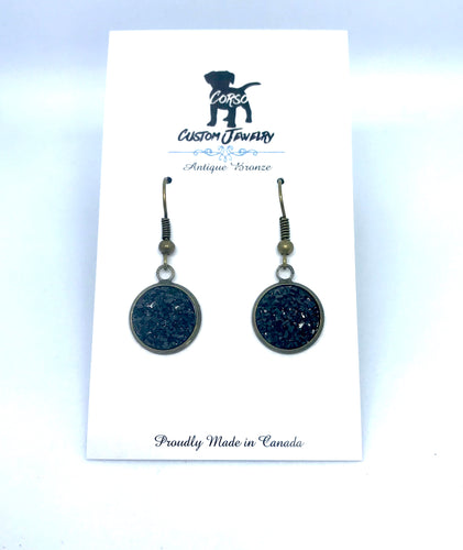 12mm Black Druzy Drop Earrings (Antique Bronze)