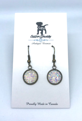 12mm White Druzy Drop Earrings (Antique Bronze)