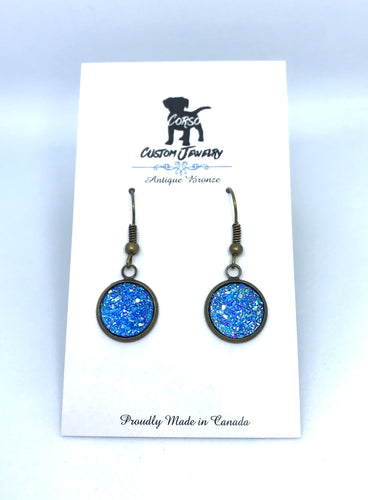 12mm Sky Blue Druzy Drop Earrings (Antique Bronze)