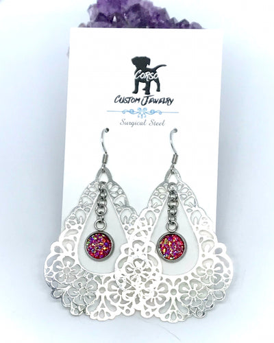 Dark Pink Druzy Floral Teardrop Drop Earrings