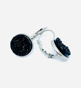 12mm Charcoal Black Druzy Leverback Drop Earrings (Stainless Steel)