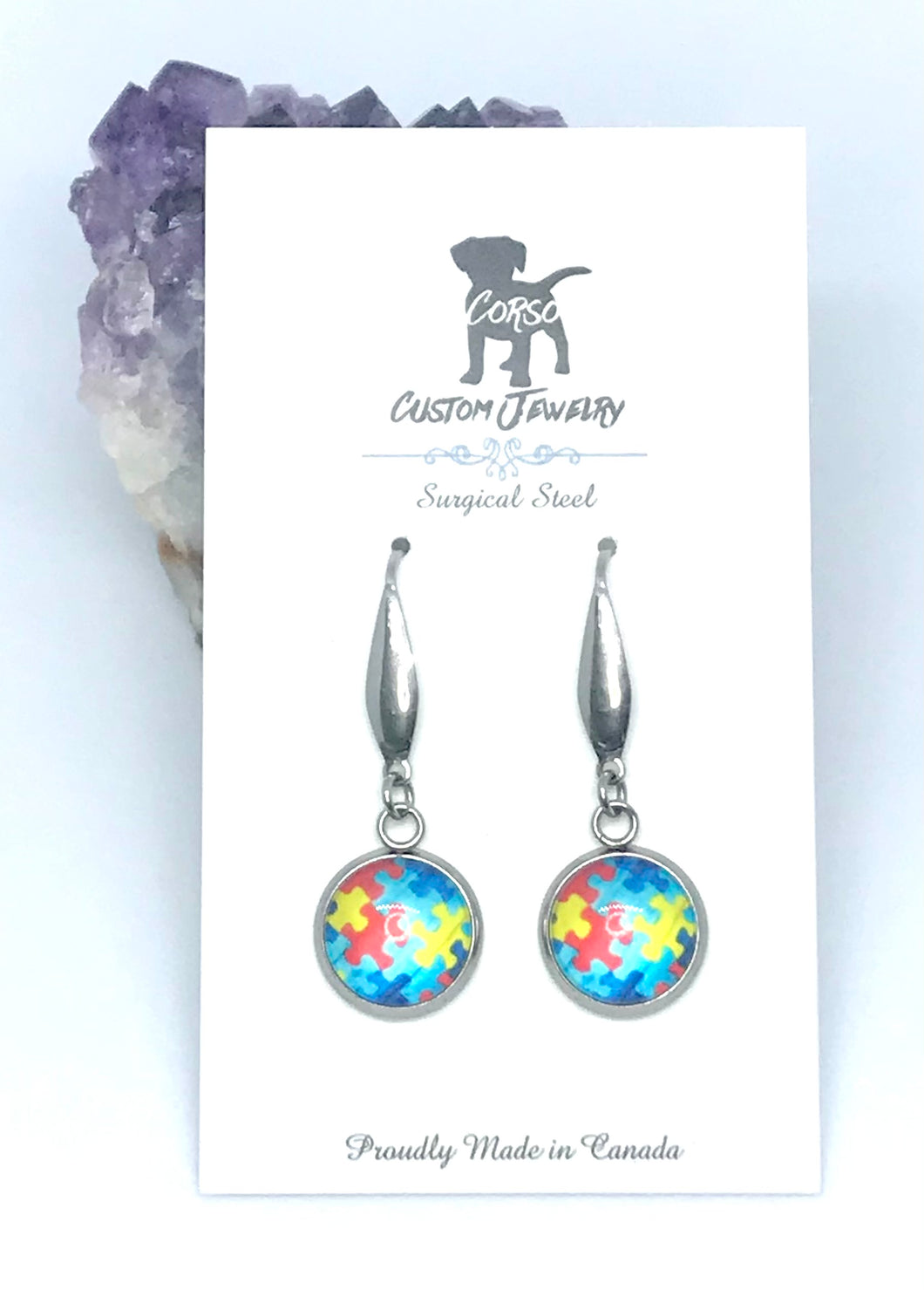 12mm Autism Awareness Puzzle Piece Drop Earrings (Surgical Steel)
