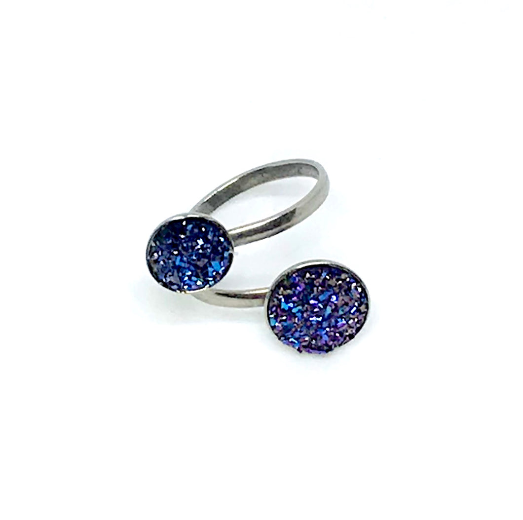 Adjustable Dual Druzy Ring in Blue Fantasy (Stainless Steel)