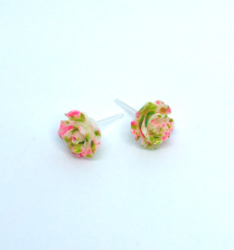 Pink and Green Rose Studs (No Metal)